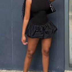 Black Rib Puff Ball Hem Bodycon Dress