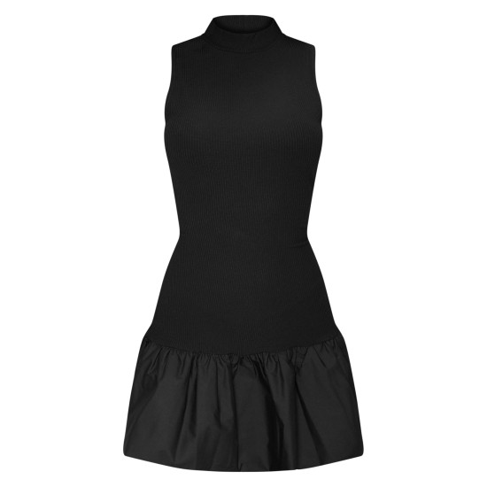 Black Rib Puff Ball Hem Bodycon Dress