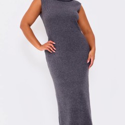 Plus Charcoal Brushed Rib Roll Neck Maxi Dress