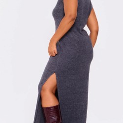 Plus Charcoal Brushed Rib Roll Neck Maxi Dress