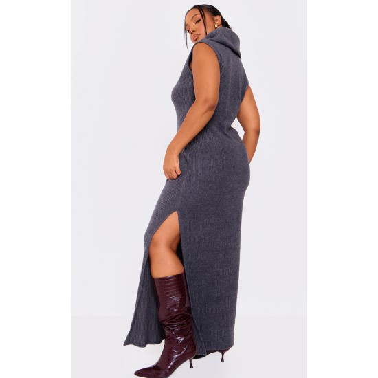 Plus Charcoal Brushed Rib Roll Neck Maxi Dress