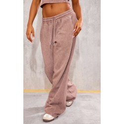 Taupe Washed Rib Panel Wide Leg Sweatpants