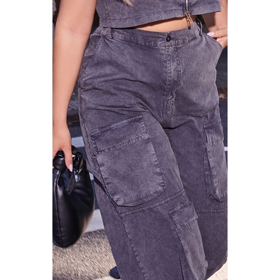 Washed Charcoal Twill Pocket Detail Wide Leg Cargo Pants