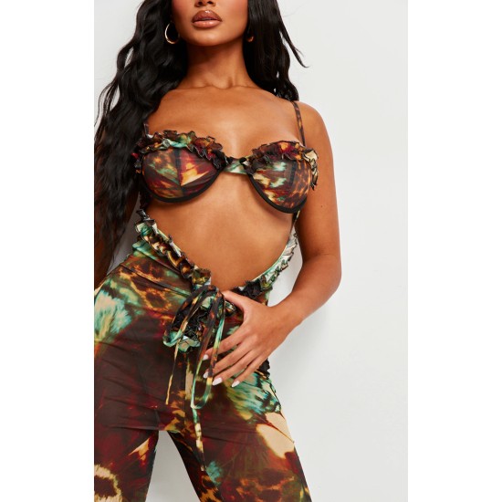 Brown Printed Mesh Cup Detail Cut Out Jumpsuit