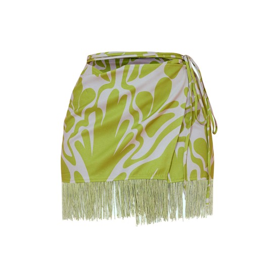 Green Abstract Floral Tassel Hem Wrap Mini Skirt