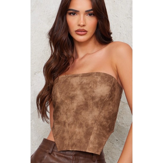 Chocolate Washed Faux Leather Dip Hem Corset