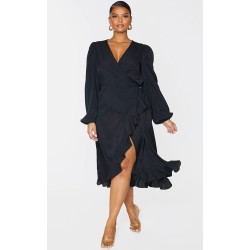 Plus Black Ruffle Wrap Front Midi Dress