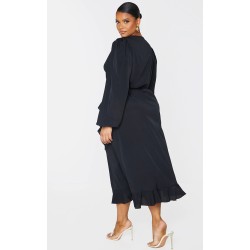 Plus Black Ruffle Wrap Front Midi Dress