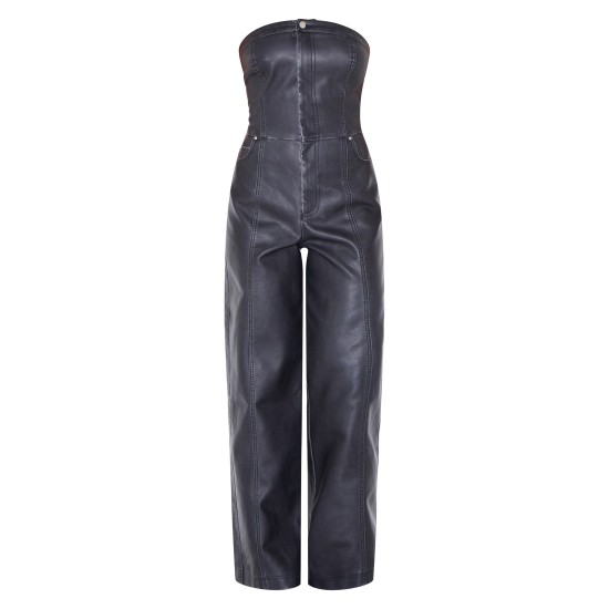 Black Faux Leather Bandeau Lace Back Straight Leg Jumpsuit