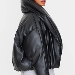 Petite Black Exaggerated Collar PU Puffer Coat