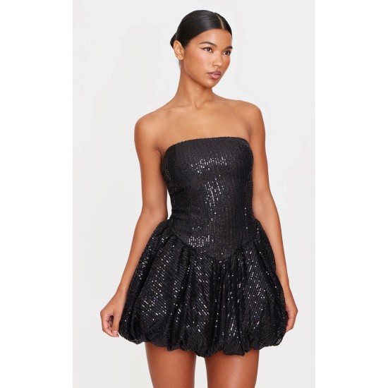 Black Sequin Bandeau Mini Puffball Dress