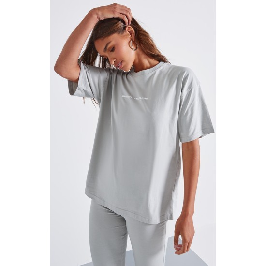 PRETTYLITTLETHING Pale Grey Printed Oversized T-shirt