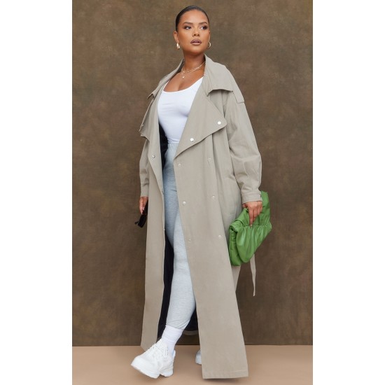 Plus Light Khaki Popper Detail Trench Coat