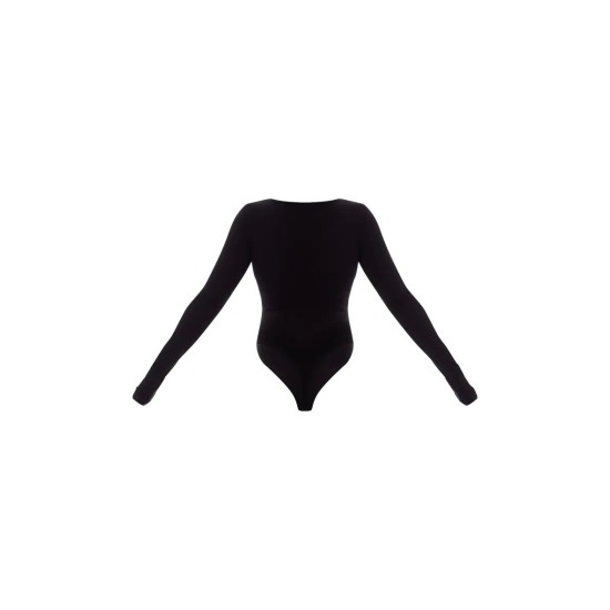 Basic Black Cotton Blend Plunge Long Sleeve Bodysuit