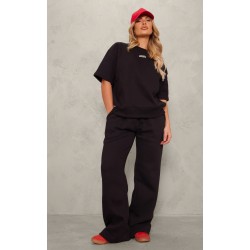 PRETTYLITTLETHING Black Badge Detail Mid Rise Wide Leg Sweatpants