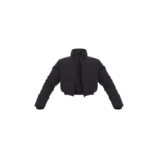 Black Cropped Peach Skin Bubble Puffer Jacket