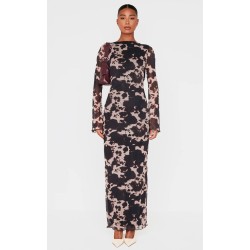 Brown Abstract Print Mesh Long Sleeve Maxi Dress