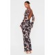 Brown Abstract Print Mesh Long Sleeve Maxi Dress