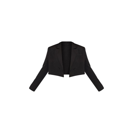 Black Woven Cropped Shoulder Padded Blazer