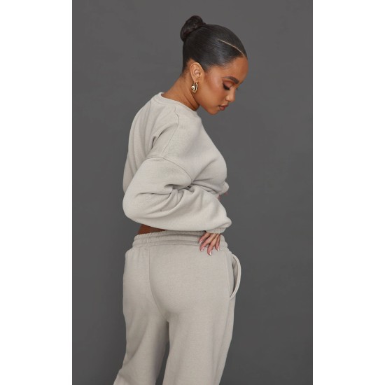 Petite Moss Grey Crop Elasticated Sweat Top