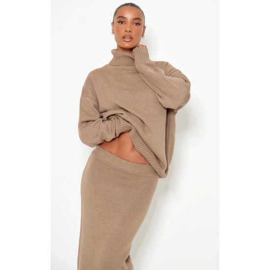 Light Mocha Soft Knit Roll Neck Oversized Sweater