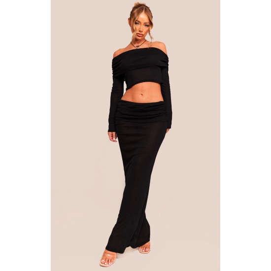 Black Sheer Burnout Mesh Fold Over Hem Low Rise Maxi Skirt