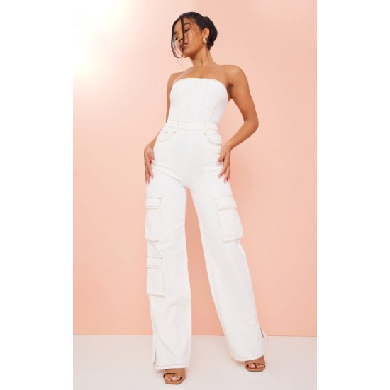 Ecru Contrast Stitch Cargo Pocket Bandeau Denim Jumpsuit