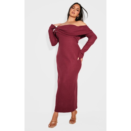 Plus Burgundy Heavy Brushed Rib Bardot Trim Maxi Dress