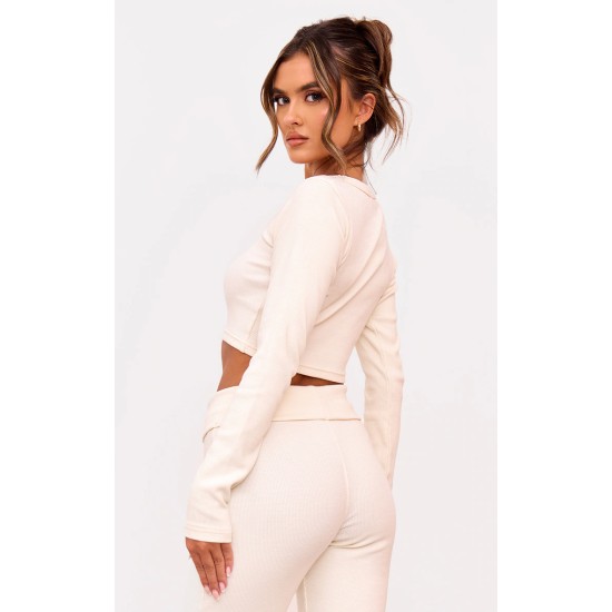 Cream Rib Scoop Neck Long Sleeve Crop Top