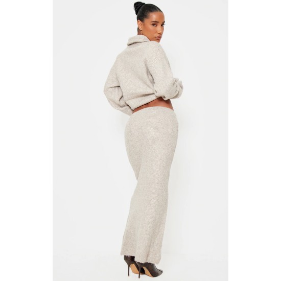 Taupe Knitted Zip Up Sweater And Maxi Skirt Set