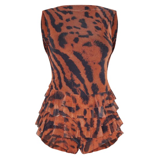 Brown Animal Printed Mesh Rara Romper