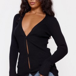 Black Knitted Ribbed Long Sleeve Cardigan