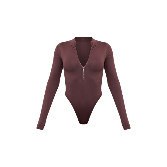 Coffee Contour Zip Up High Neck Bodysuit