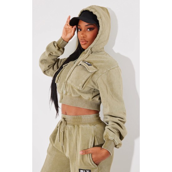 PRETTYLITTLETHING Shape Olive Washed Cargo Cropped Hoodie