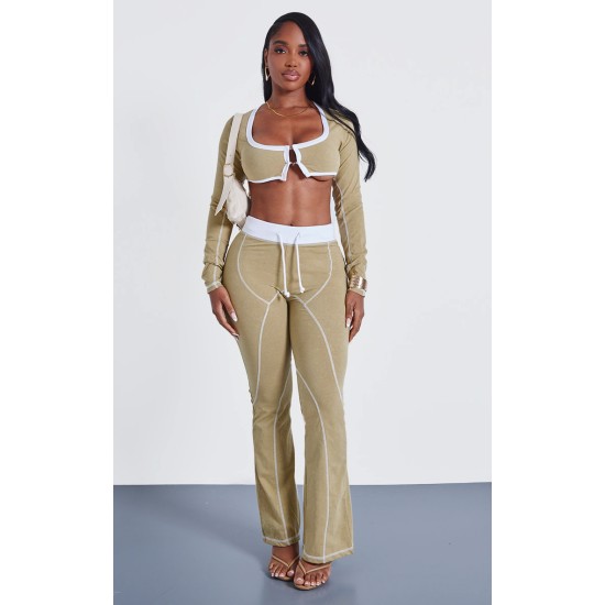 Shape Khaki Washed Cotton Hook And Eye Long Sleeve Crop Top