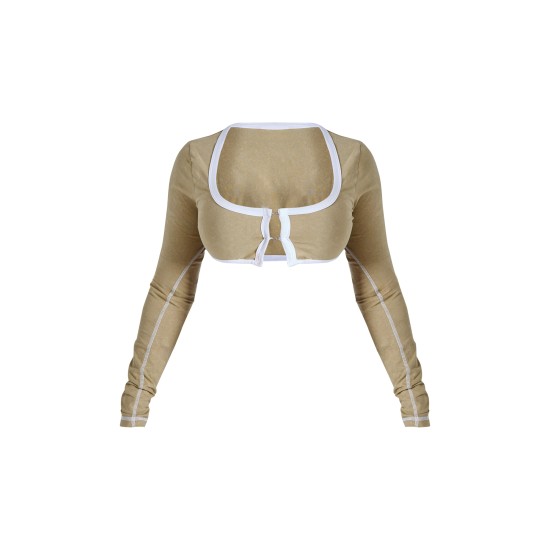 Shape Khaki Washed Cotton Hook And Eye Long Sleeve Crop Top