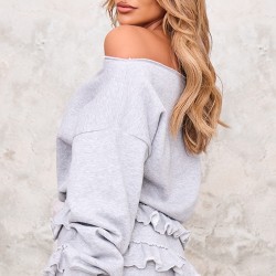 Grey Marl Sweat Bardot Frill Skirt Mini Dress
