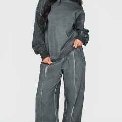 PRETTYLITTLETHING Washed Charcoal Premium Waist Wide Leg Sweatpants