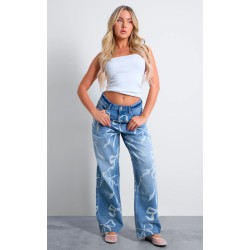 Light Blue Ribbon Detail Laser Print Jeans