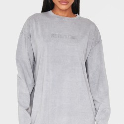 PRETTYLITTLETHING Light Grey Embossed Logo Washed Long Sleeve T-shirt