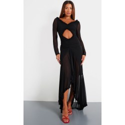 Black Mesh Long Sleeve Frill Detail Cut Out Maxi Dress