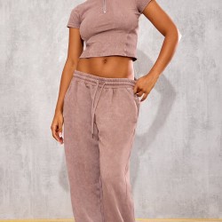 Taupe Washed Rib Panel Wide Leg Sweatpants