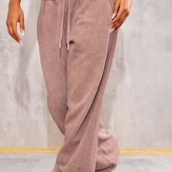 Taupe Washed Rib Panel Wide Leg Sweatpants