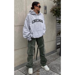 Grey Chicago Print Oversized Hoodie